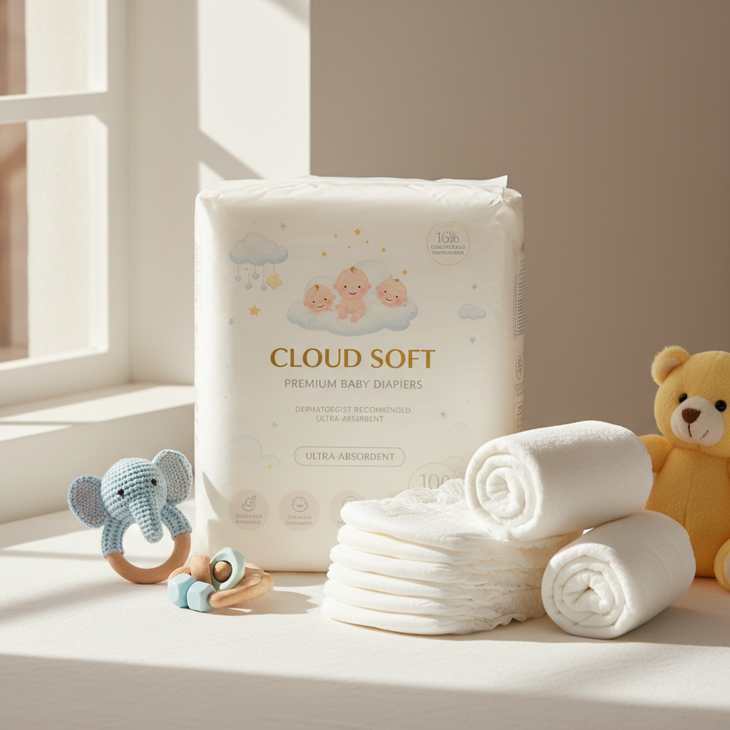 Luxe Baby Premium Diapers pack with soft pastel packaging and baby illustrations
