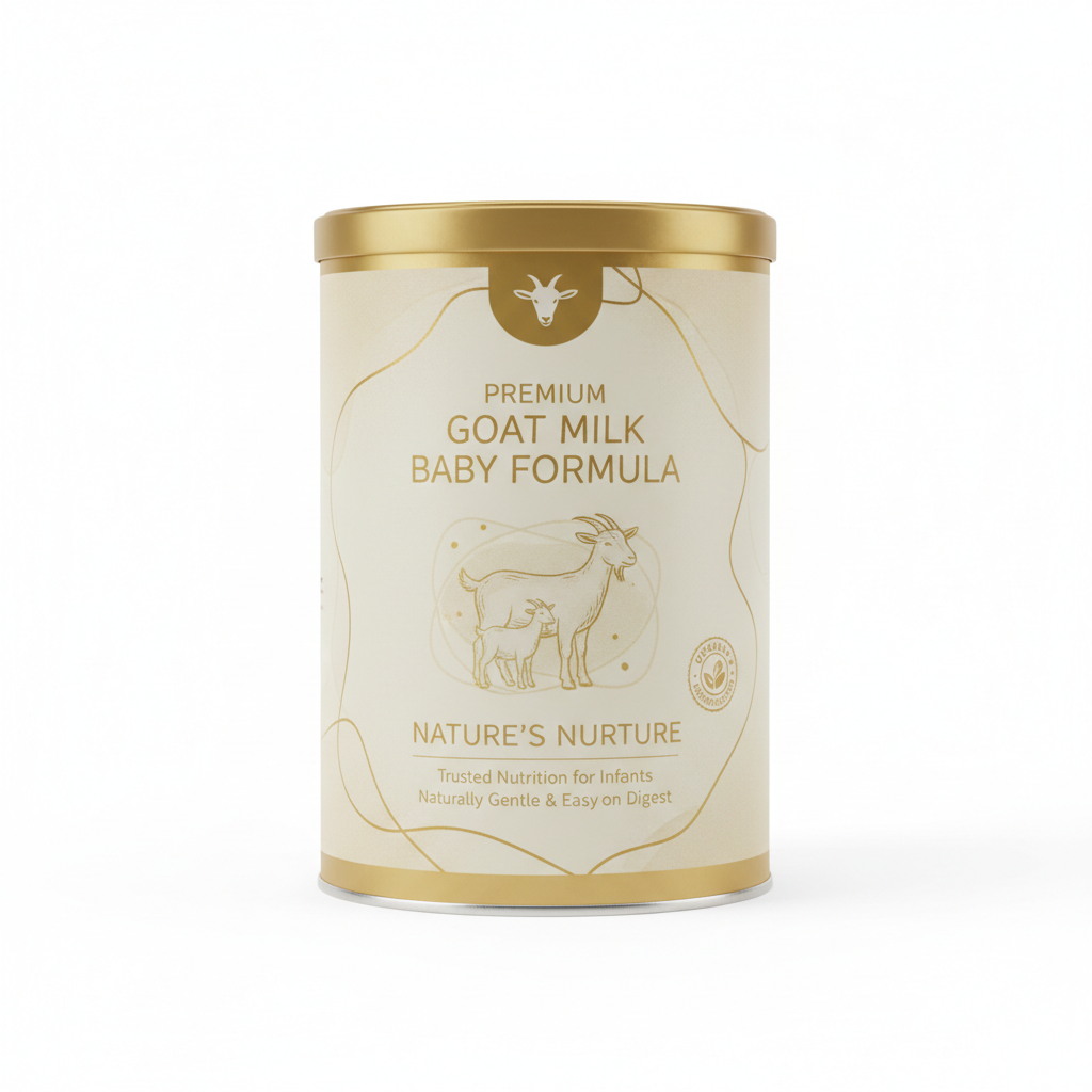 Luxe Goat Milk Baby Formula tin matte finish soft cream and gold packaging with goat illustration