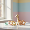 Luxe Baby Teething Toys Set with colorful silicone rings, rubber giraffe and wooden teether