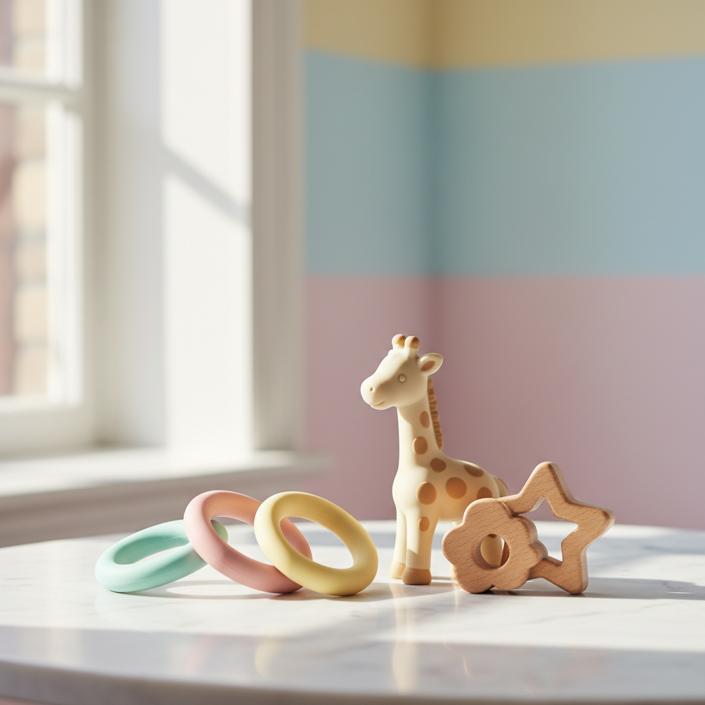 Luxe Baby Teething Toys Set with colorful silicone rings, rubber giraffe and wooden teether