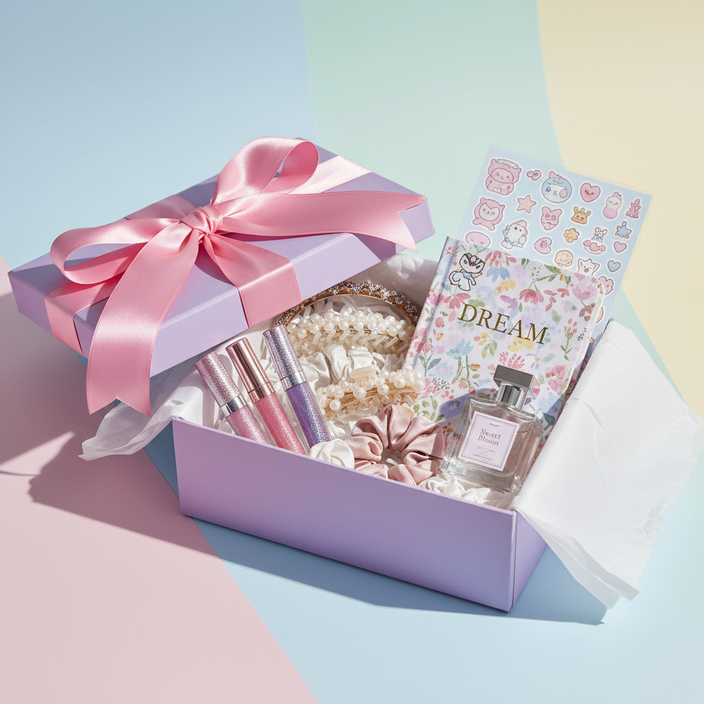 Luxe Teen Girl Birthday Gift Box with lip gloss, hair accessories and journal in lilac box with pink ribbon