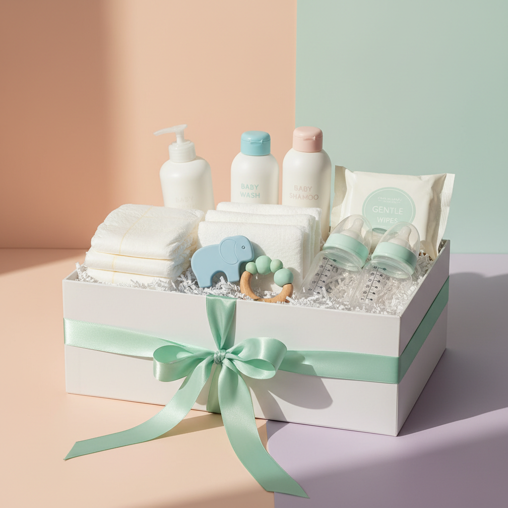 Luxe Baby Care Complete Bundle Pack with all baby essentials in premium white gift box with mint ribbon