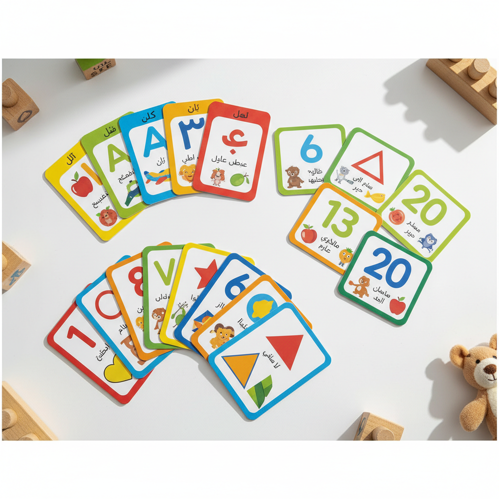Luxe Kids Educational Flash Cards Set with colorful Arabic and English alphabet cards fanned out on white surface