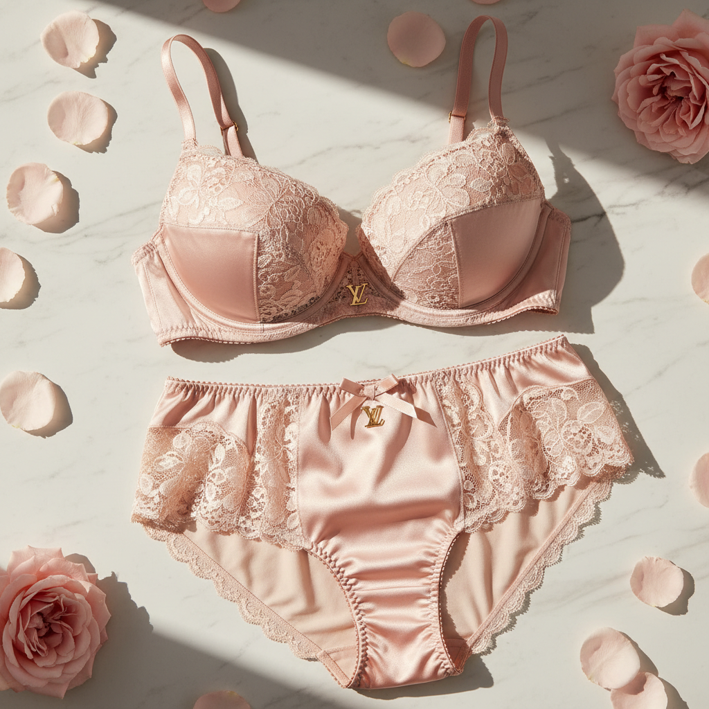 Elegant branded lingerie set — matching bra and panty in blush pink satin and lace on marble surface