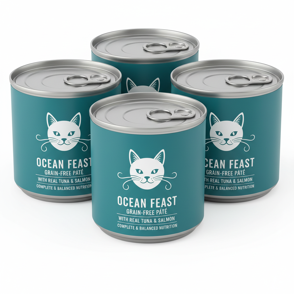 Luxe Premium Wet Cat Food cans teal and silver with cat illustration
