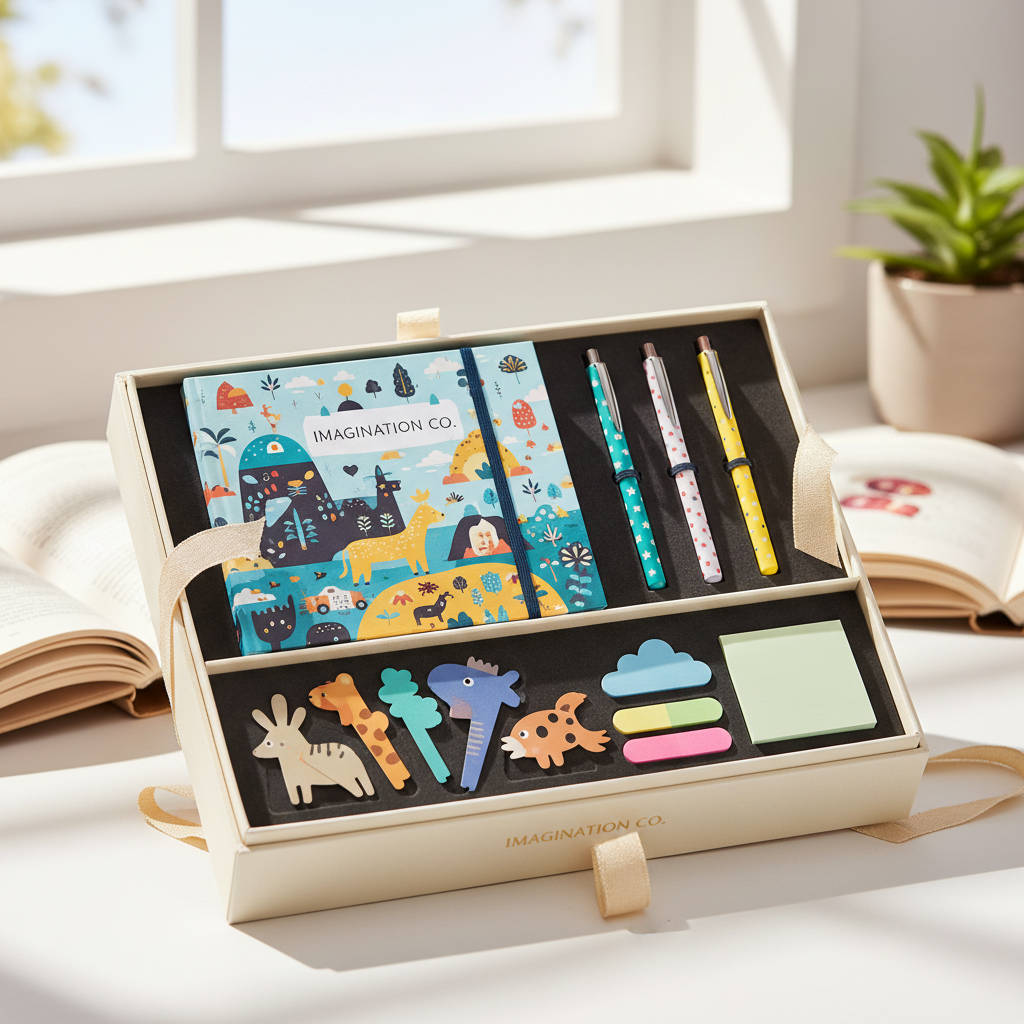 Luxe Kids Reading and Writing Gift Set with hardcover notebook, pen set and bookmarks in premium gift box
