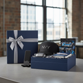 Luxe Teen Boy Birthday Gift Box with wireless earbuds, phone stand and cap in navy blue box