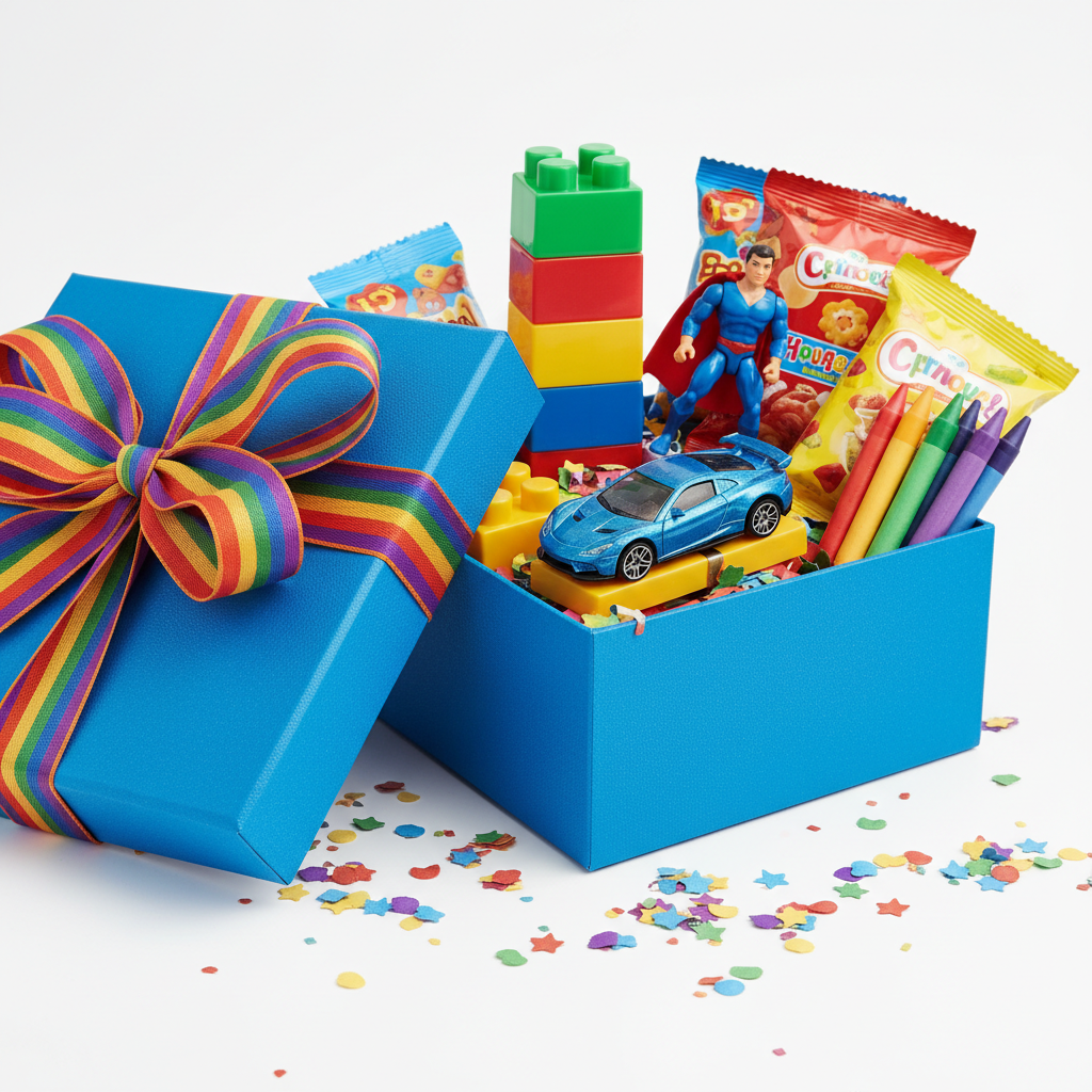Luxe Kids Boy Birthday Gift Box with toy cars, building blocks and superhero figure in bright blue box