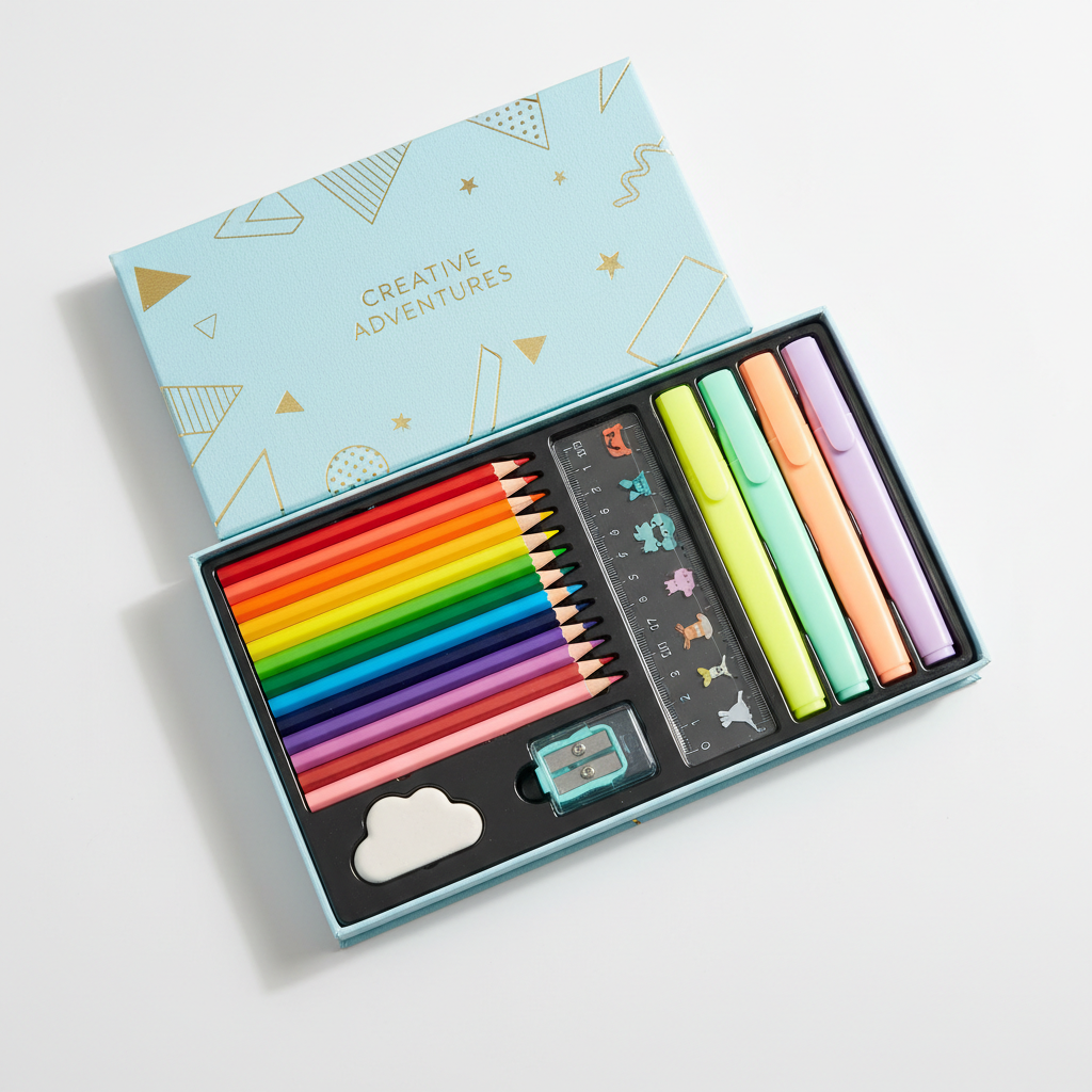 Luxe Kids Stationery Gift Set with colored pencils, ruler, highlighters and scissors in premium gift box
