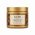 Luxe Argan Oil Intensive Hair Mask large jar warm gold and brown with argan motif