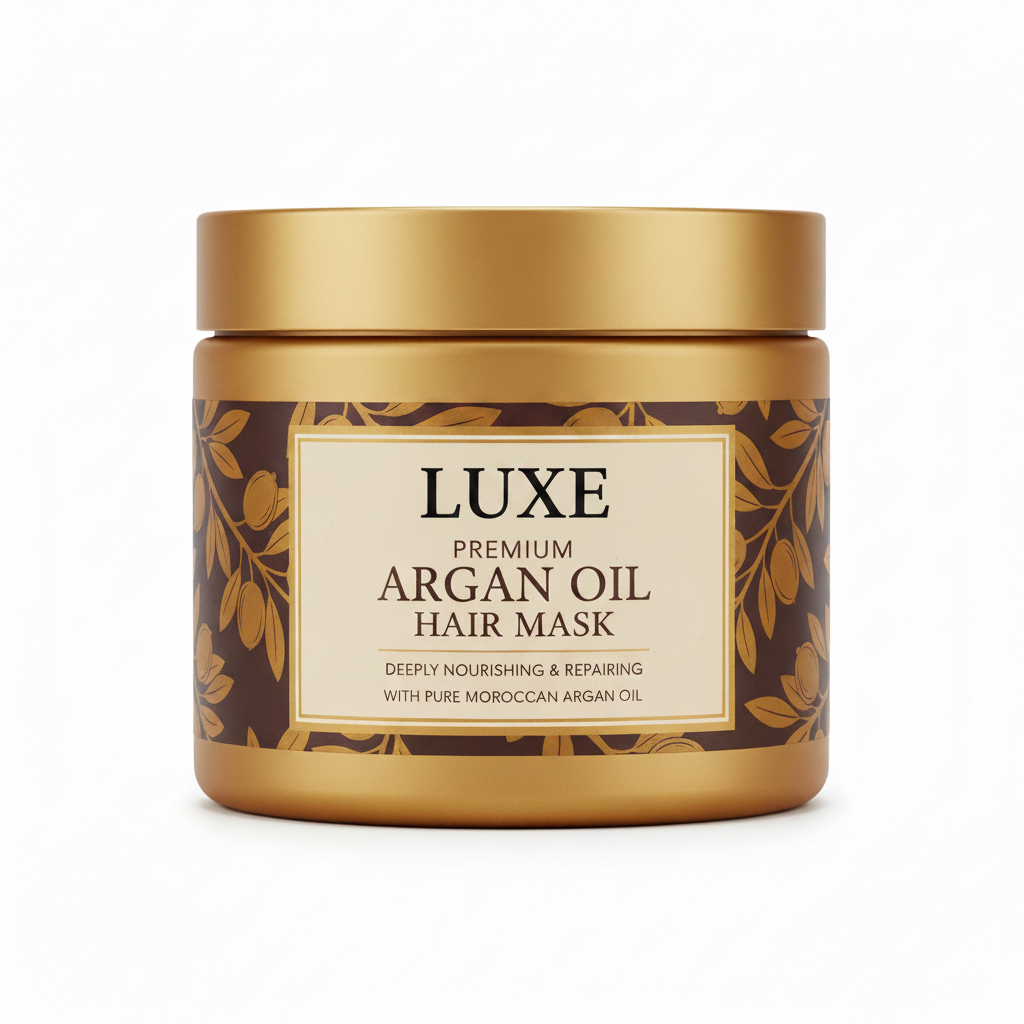 Luxe Argan Oil Intensive Hair Mask large jar warm gold and brown with argan motif