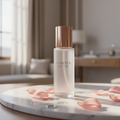 Premium branded women's body spray frosted glass bottle with rose gold cap on white marble surface
