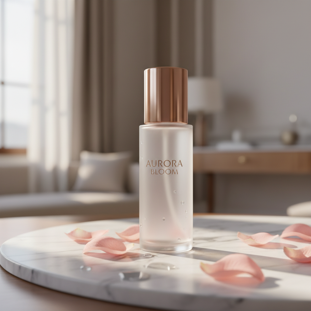 Premium branded women's body spray frosted glass bottle with rose gold cap on white marble surface