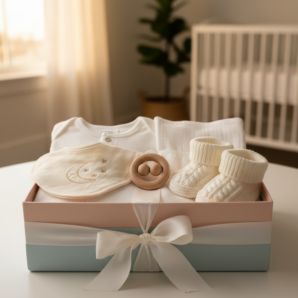Luxe Baby Welcome Gift Set with onesie, bib, wooden rattle and booties in pastel gift box