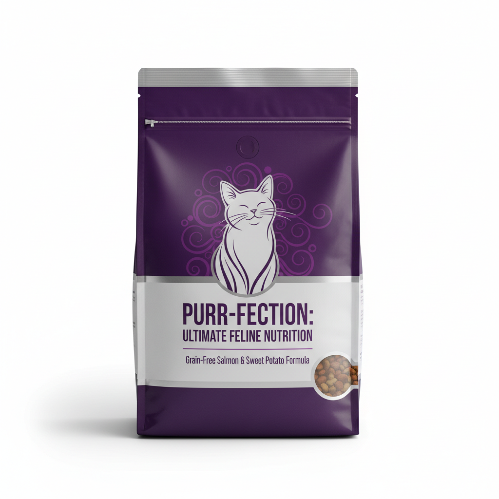 Luxe Premium Dry Cat Food bag purple and silver with elegant cat illustration