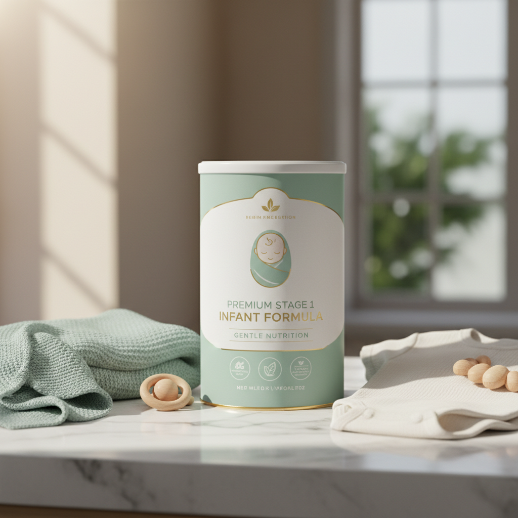 Luxe Stage 1 Infant Formula tin in white and mint packaging with baby illustration