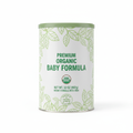 Luxe Organic Baby Formula tin matte finish natural green and white packaging with leaf motif