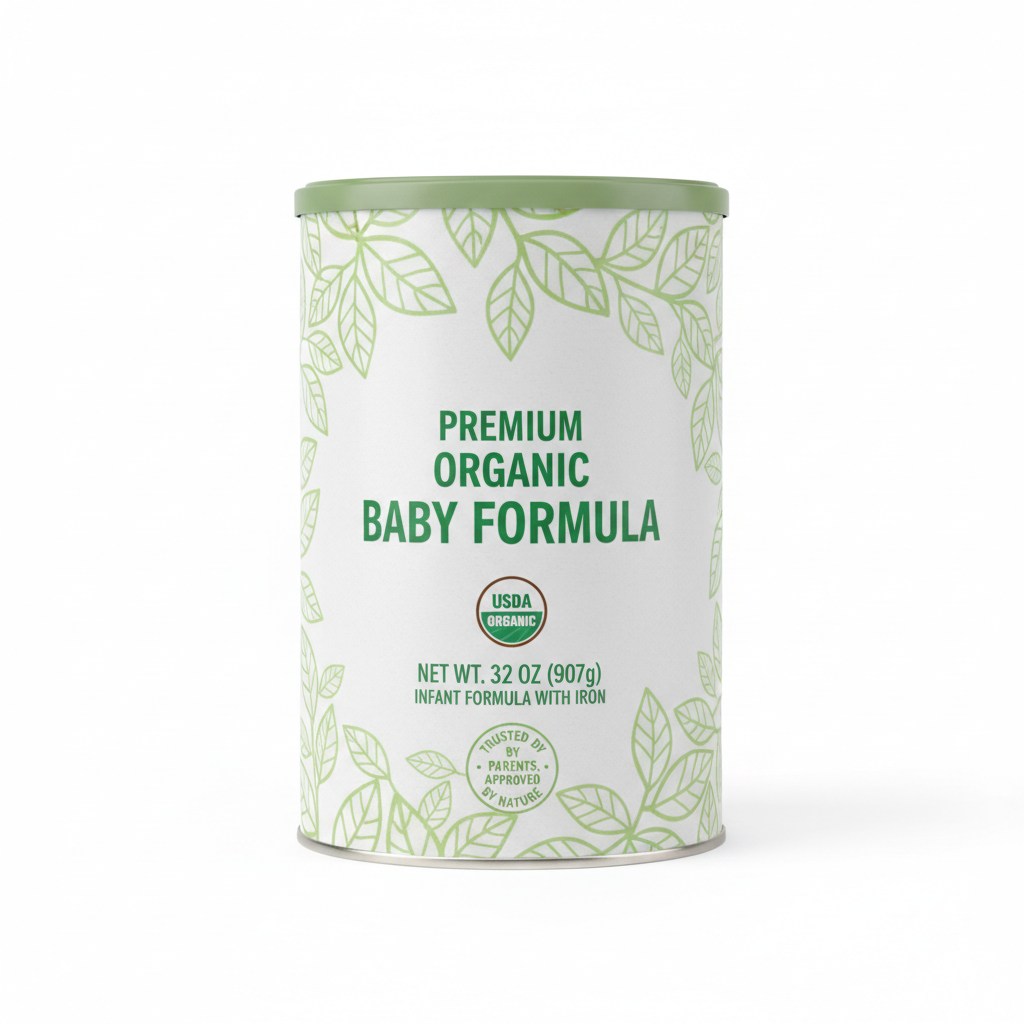 Luxe Organic Baby Formula tin matte finish natural green and white packaging with leaf motif