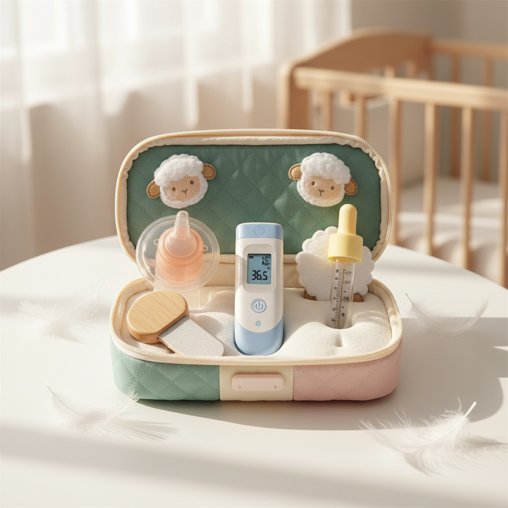 Luxe Baby Health and Care Kit with thermometer, nasal aspirator and grooming tools in soft pastel case