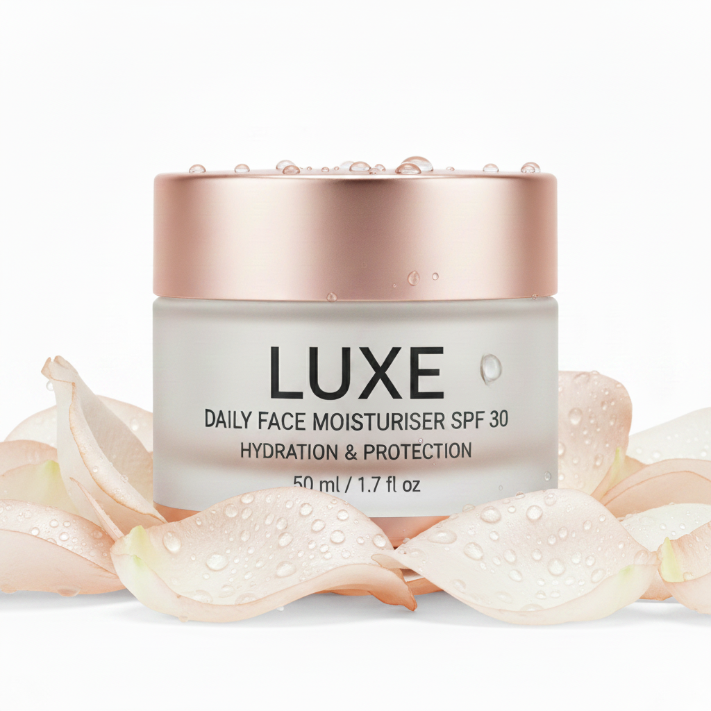 Luxe Face Moisturiser SPF 30 frosted glass jar with rose gold lid surrounded by rose petals