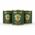 Luxe Premium Wet Dog Food cans dark green and gold with dog illustration