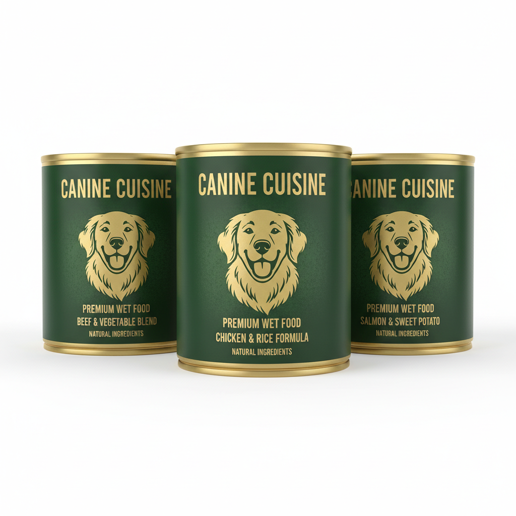 Luxe Premium Wet Dog Food cans dark green and gold with dog illustration