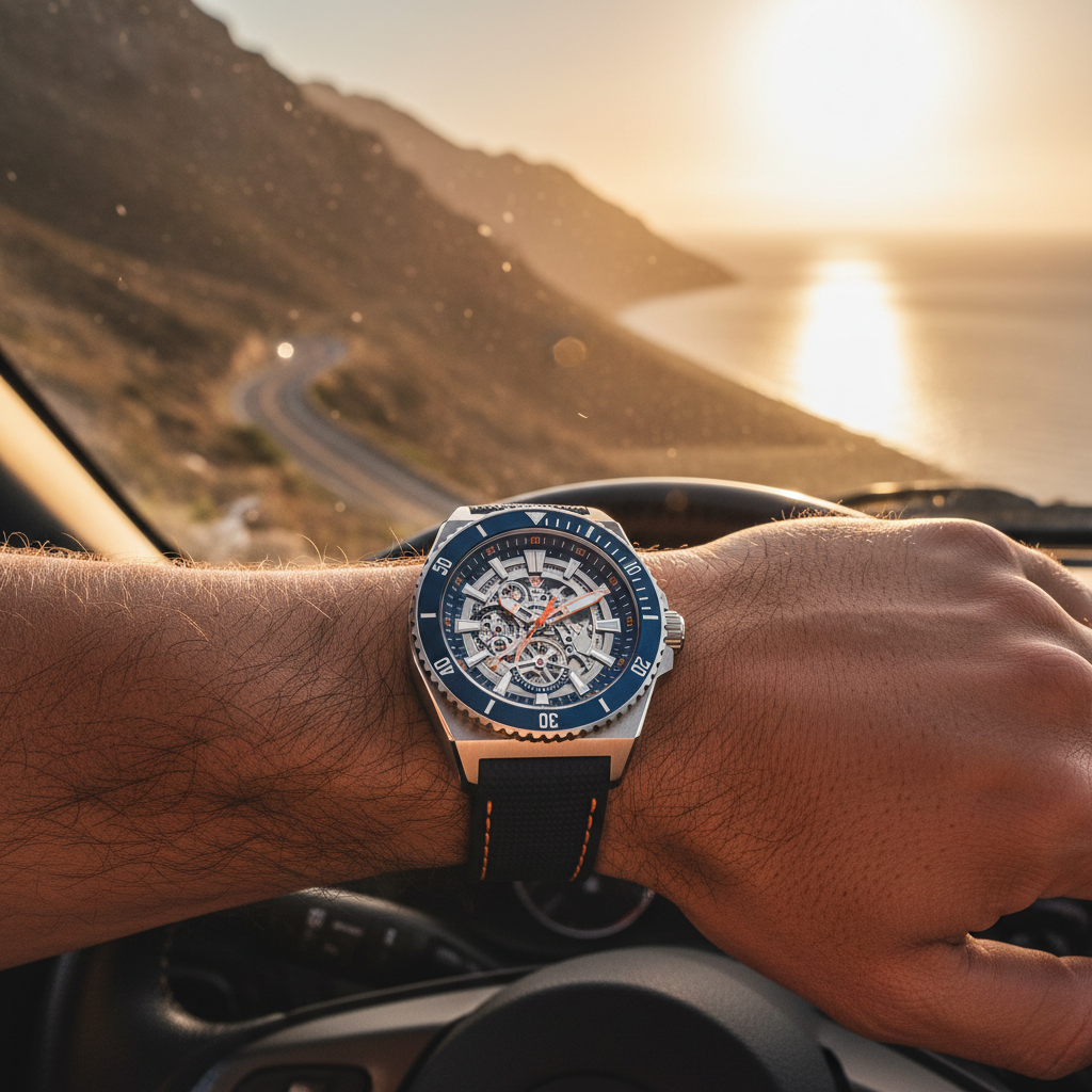 Luxury sports watch on a man's wrist, outdoor adventure setting with golden hour sunlight
