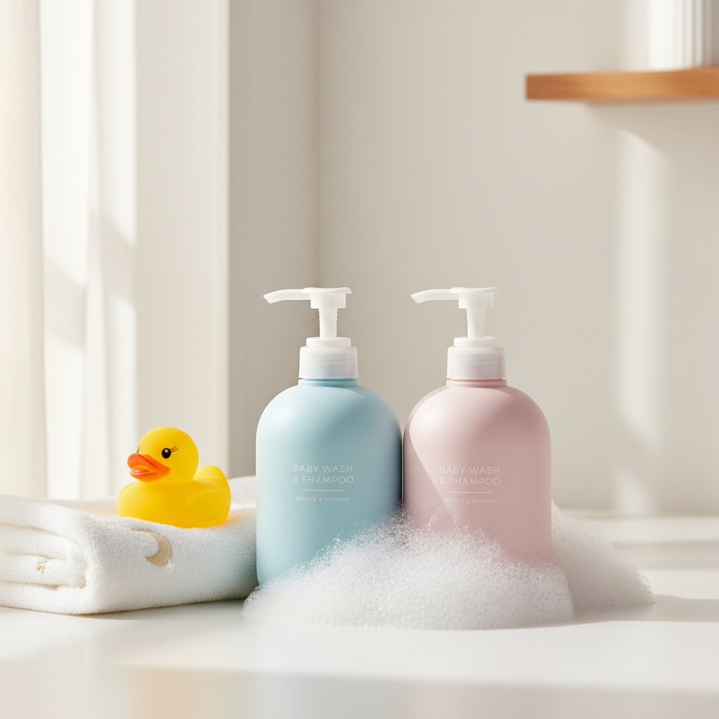 Luxe Baby Gentle Wash and Shampoo Set two pastel bottles with rubber duck and soft towel
