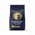 Luxe Premium Dry Dog Food bag navy blue and gold with dog illustration