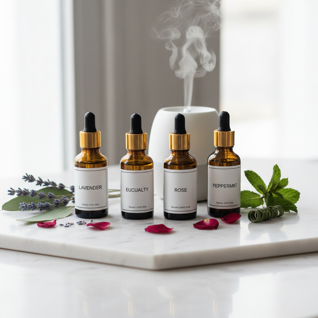 Luxe Aromatherapy Essential Oils Set with 6 amber glass dropper bottles on marble with dried flowers