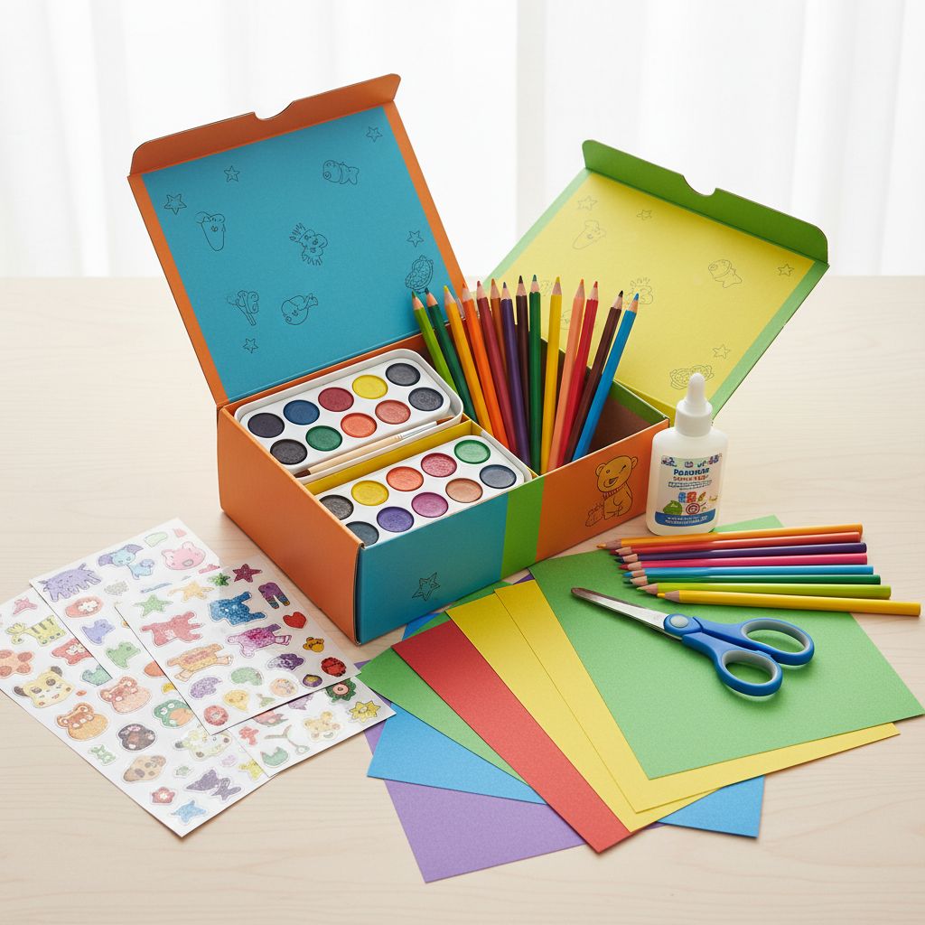 Luxe Kids Art and Craft Supply Kit with watercolors, pastels, glue and construction paper in colorful storage box