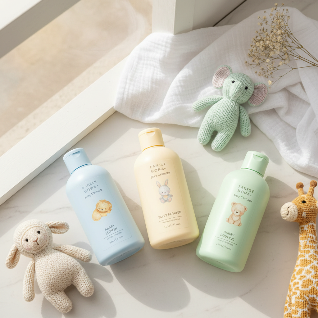 Luxe Baby Skincare Set with lotion, talcum powder and baby oil in pastel bottles
