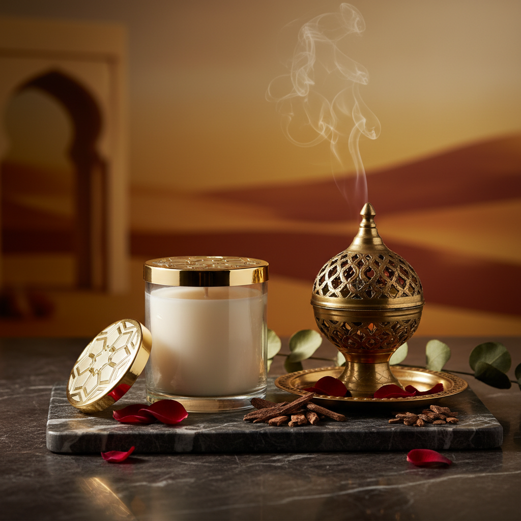 Luxe Scented Candle and Bakhoor Gift Set with brass burner and oud chips on dark marble