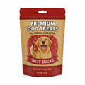 Luxe Dog Treats and Training Snacks bag red and tan with happy dog illustration