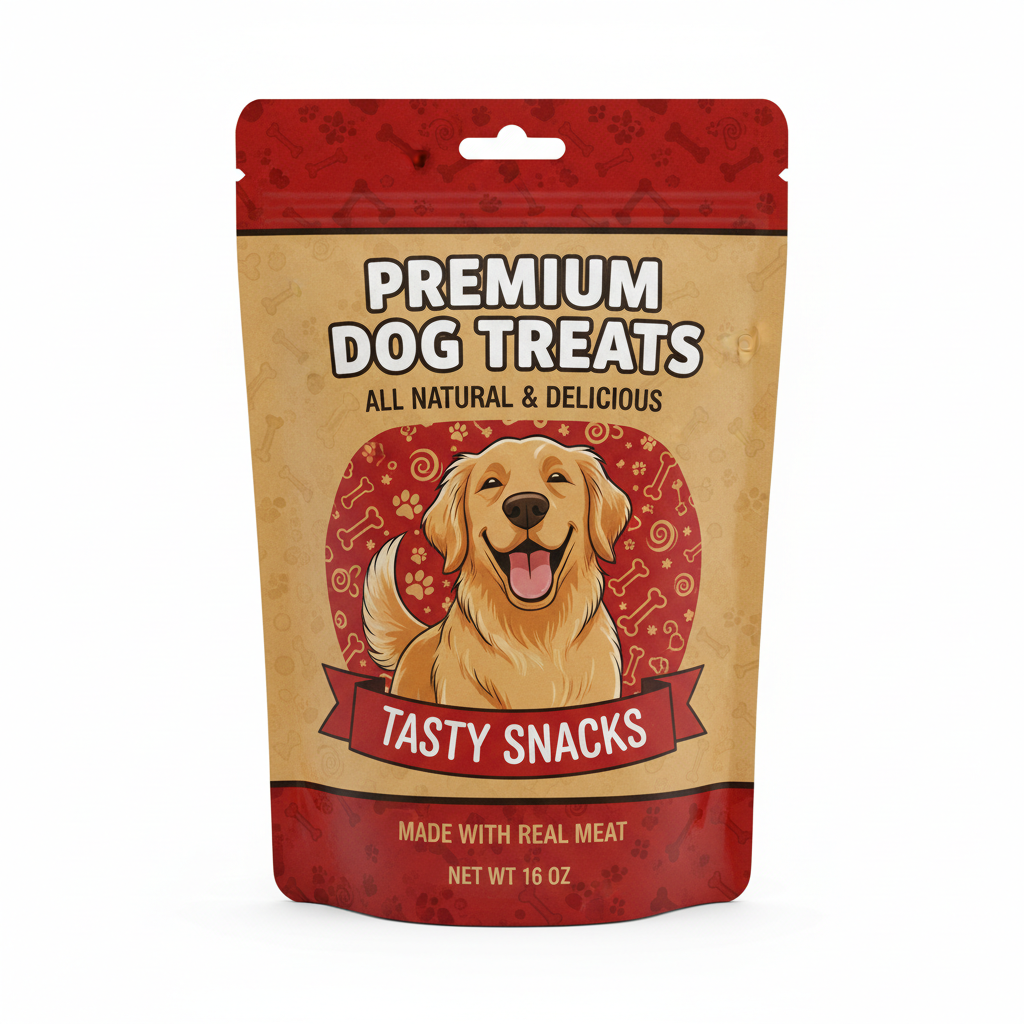 Luxe Dog Treats and Training Snacks bag red and tan with happy dog illustration