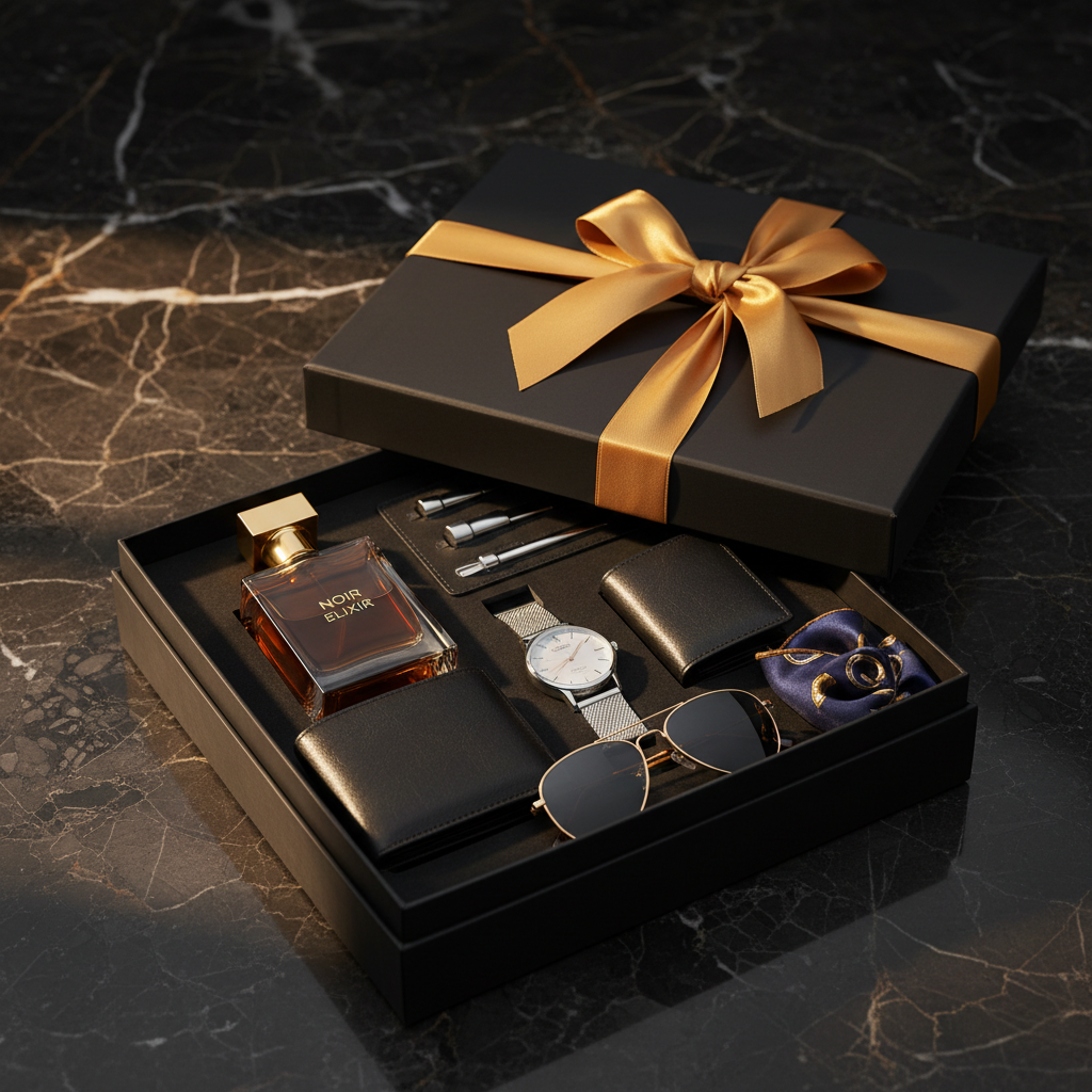 Luxe Men's Birthday Gift Box with grooming kit, leather wallet and accessories in black matte box