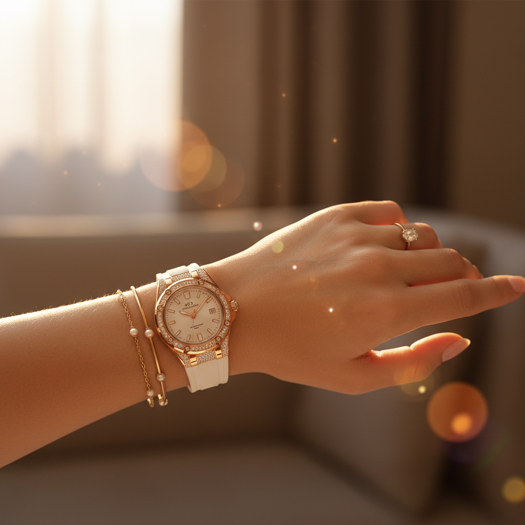 Elegant woman's hand wearing a luxury sports watch, soft golden light, premium lifestyle photography