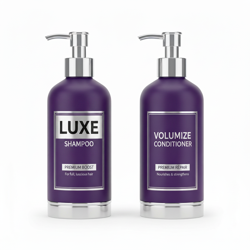 Luxe Volumising Shampoo and Conditioner Set two purple and silver pump bottles