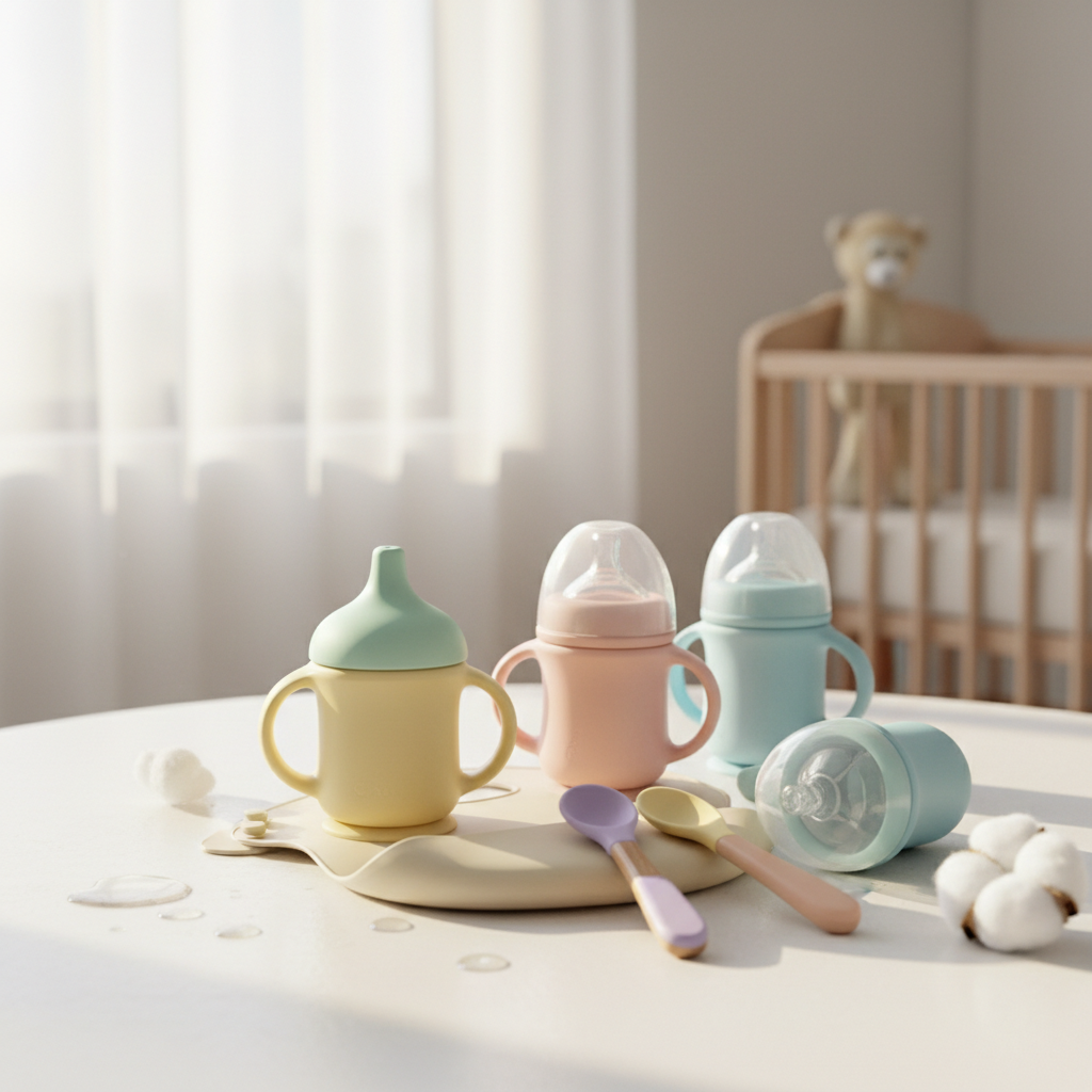 Luxe Baby Complete Feeding Set with pastel bottles, sippy cup and silicone spoons