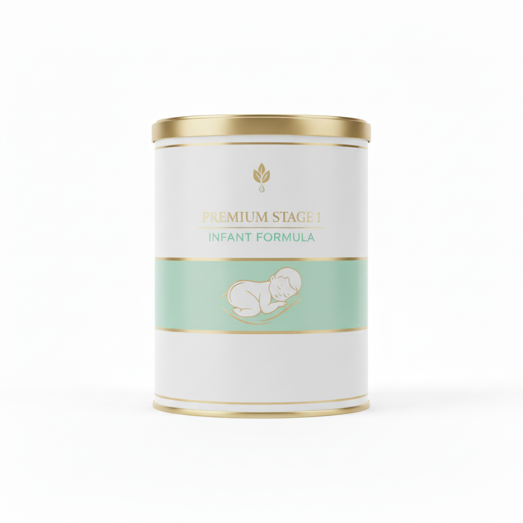 Luxe Stage 1 Infant Formula tin matte finish white and mint packaging