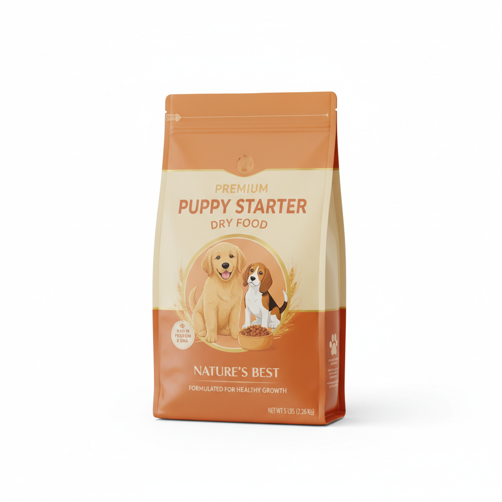 Luxe Puppy Starter Food bag warm orange and cream with cute puppy illustration