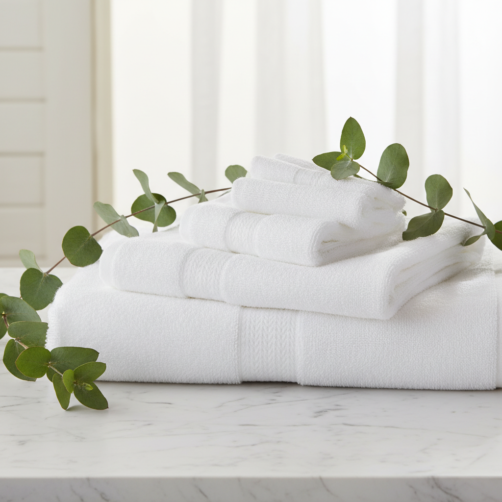 Luxe Premium Towel Set with bath, hand and face towels on marble surface